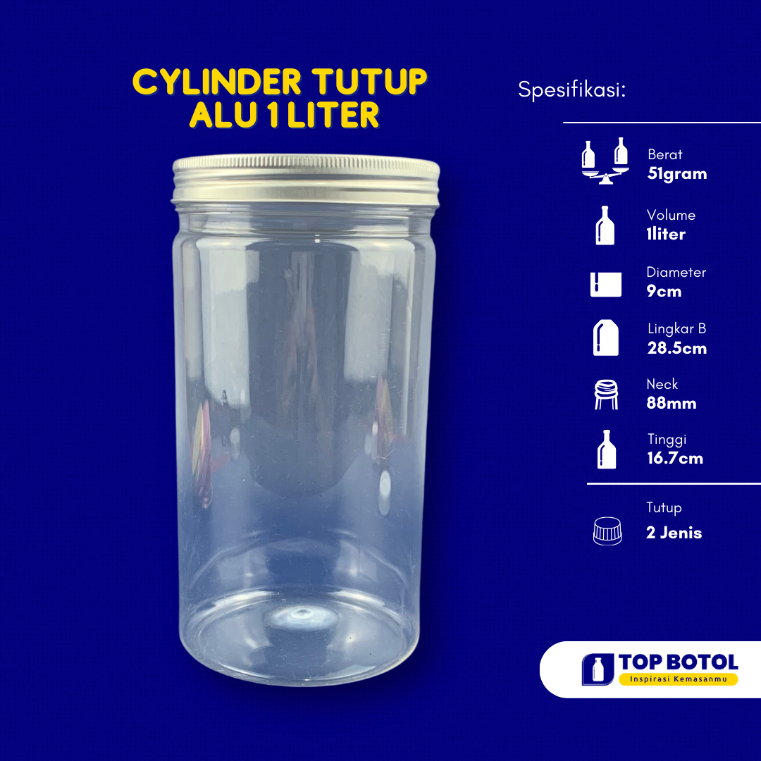 JAR CYLINDER 1000ML TUTUP ALUMUNIUM