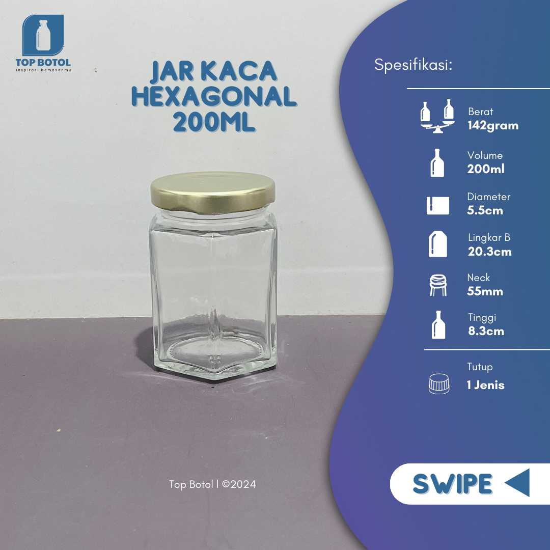 Jual Jar Kaca Hexagonal 200 Ml Tutup Gold Produk Import Kualitas Terbaik, WA 081905903644